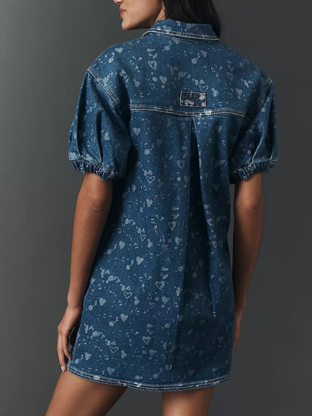 Pilcro Heart Print Denim Button-down Shift Mini Dress with Puff Sleeves - Picture 4 of 16